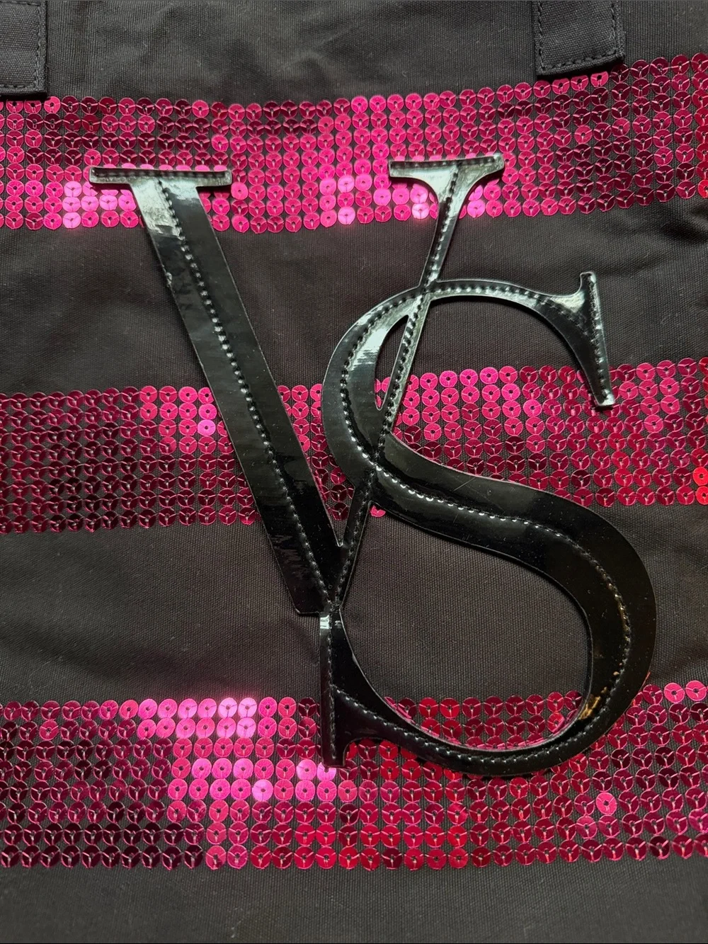 Victoria's Secret Black Tote with Fuchsia Sequin Stripes